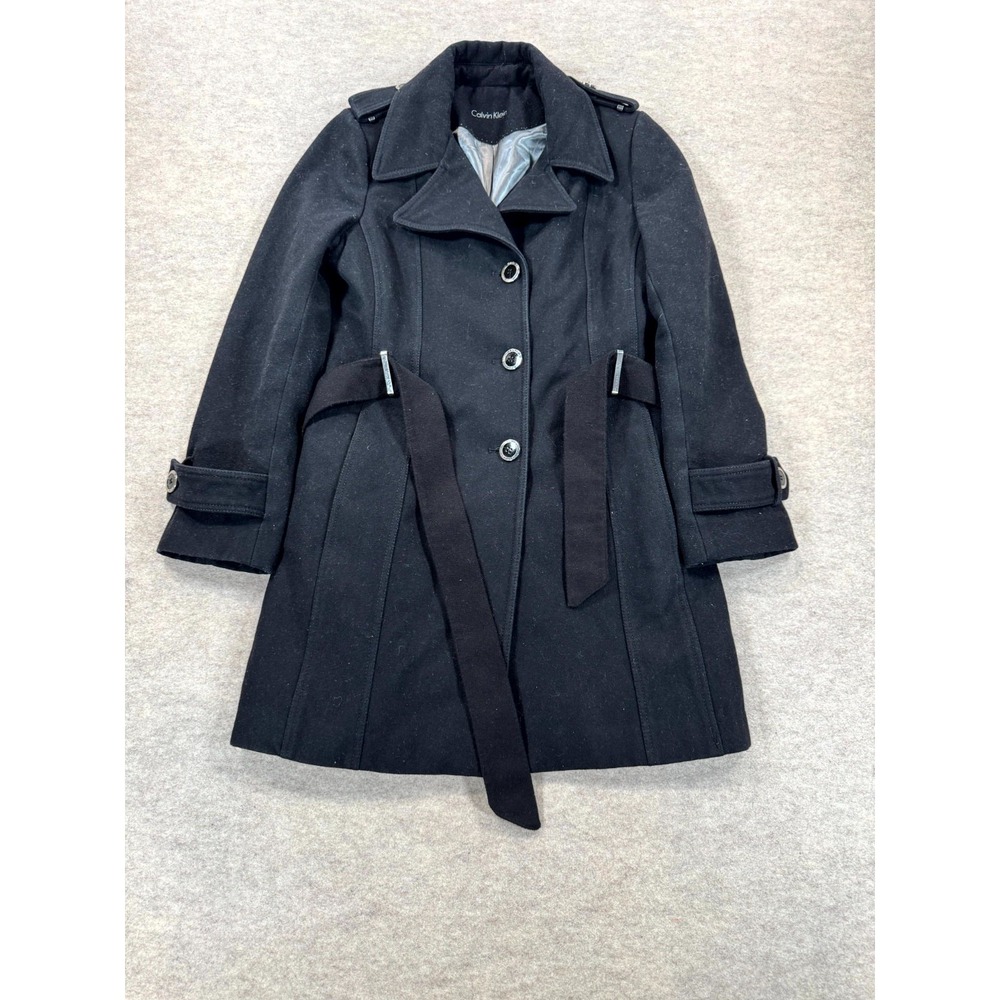 Calvin Klein Womens Black Wool Military Belted Trench Coat Winter Jacket RN54163
